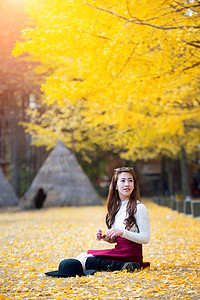 韩国南怡岛的黄叶美丽女孩。