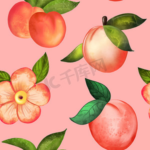 粉红色背景上桃花的插图数字水彩无缝图案