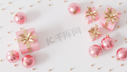 粉色礼品盒，白色背景上有金色丝带和小玩意，3D 渲染