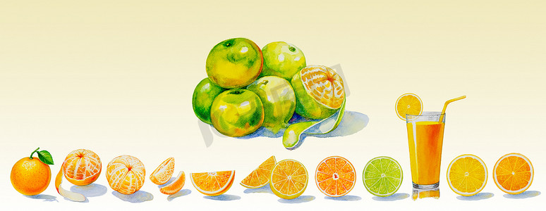 夏季果汁系列摄影照片_绘画夏季橙色系列，孤立。