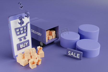 来自在线购物的盒子与模型场景创建者在 3D 插图或 3D 渲染中用于产品销售/促销广告