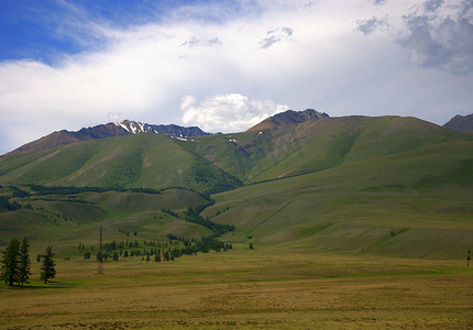 肥沃的山谷，蓝天下的孤松，背靠北楚斯基山脊的雪峰。