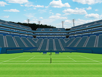 蓝绿色简历摄影照片_美丽的大型现代网球场，拥有蓝绿色座位，可容纳一万五千名球迷