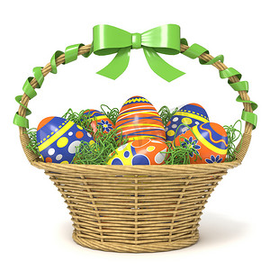 复活节篮子里装满了装饰有绿色丝带蝴蝶结的鸡蛋。 