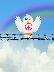 和平的白鸽摄影照片_铁丝网上有和平标志的鸽子