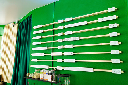 酒吧菜单摄影照片_带空白咖啡店的绿墙或带复制空间的酒吧菜单
