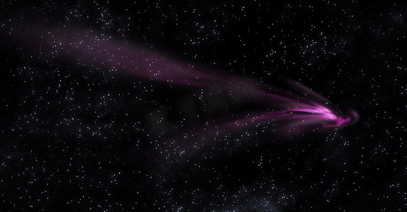彗星的图像，太空深处尘土飞扬，有星空背景。
