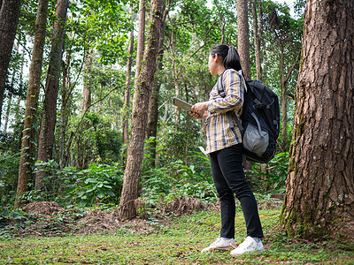 年轻女性旅行者在暑假那天在森林里的平板电脑上搜索 GPS 坐标。