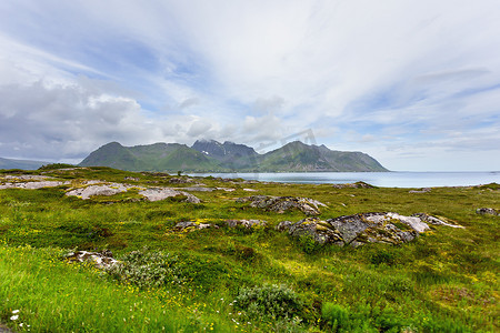 美丽的斯堪的纳维亚风景，有草地、山脉和村庄