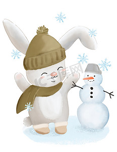 可爱的兔子和雪人插图与飘落的雪花