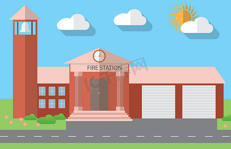 平面设计风格消防站建筑的平面设计矢量图解，矢量图解