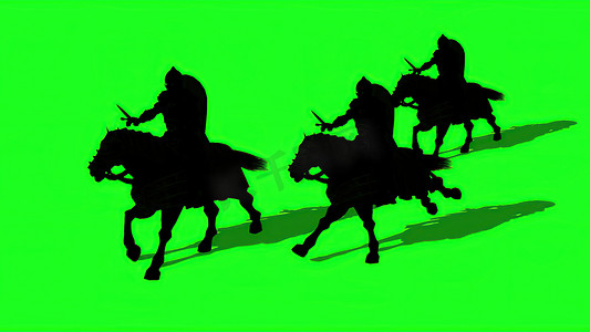 3d 插图-中世纪骑士骑着剑和盾牌的剪影，在绿色屏幕上