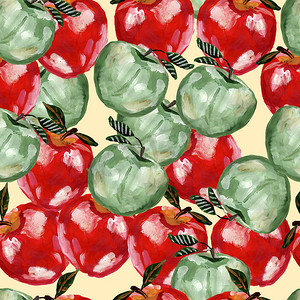 红色手绘摄影照片_绿色和红色手绘苹果无缝模式。