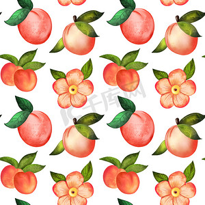 白色背景上桃花的插图数字水彩无缝图案