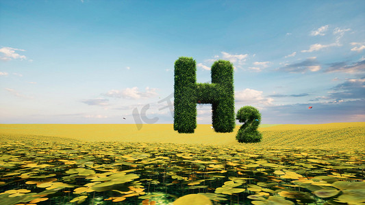 文本 H2 氢可持续能源生态系统绿草零排放概念 3d 渲染
