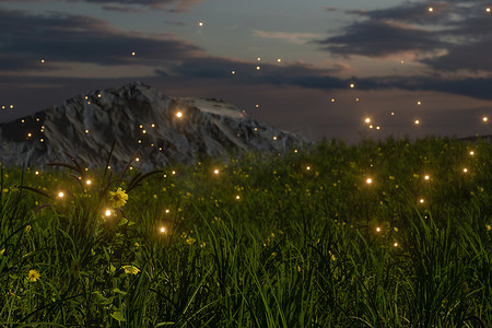 在草地上飞舞的萤火虫，3d 渲染。