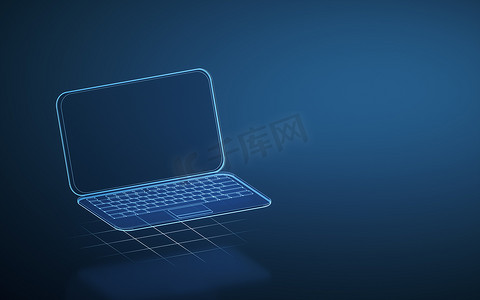 笔记本电脑和蓝色发光线，深色背景，3D 渲染。