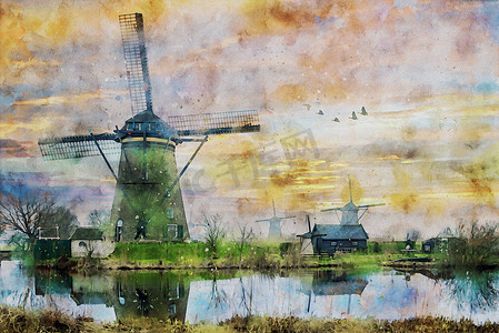荷兰摄影照片_日落时，一群鹅飞过荷兰风车的水彩画