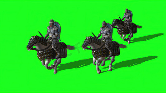 假面骑士龙骑摄影照片_3d 插图-中世纪骑士骑着剑和盾牌的马，在绿色屏幕上