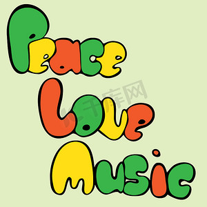 和平、爱和音乐的设计，采用绿色、黄色和红色的气泡风格。