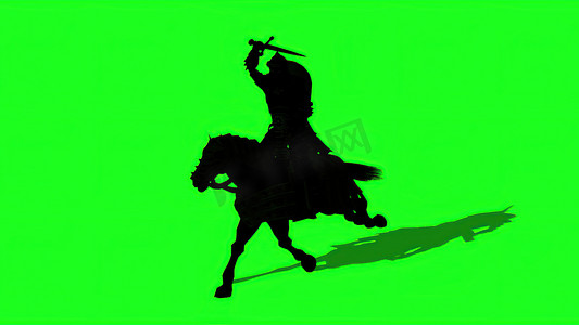 3d 插图-中世纪骑士骑着剑和盾的马的剪影，在绿色屏幕上