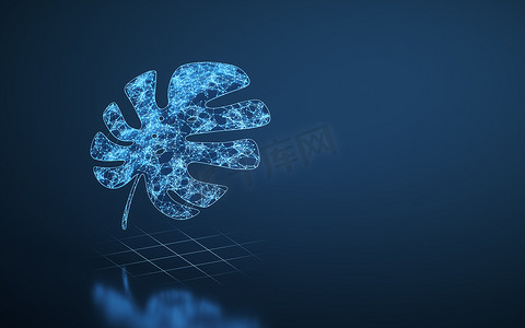 龟背竹和蓝色发光线，蓝色背景，3D 渲染。