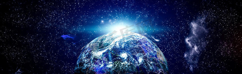 区块链蓝色摄影照片_地球加密货币、区块链和物联网。互联网业务的通信技术。