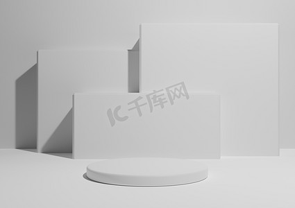 黑白背景摄影照片_白色、浅灰色、黑白、3D 渲染一个简单、最小的产品展示构图背景，背景中有一个讲台或看台和几何方形形状。