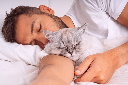 猫睡觉摄影照片_男人和猫一起睡觉。
