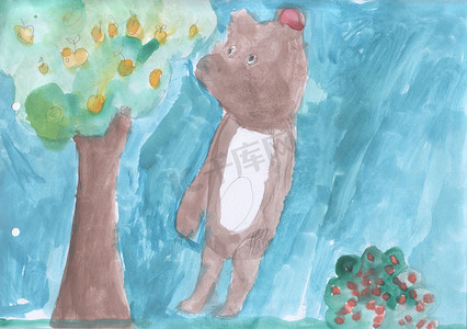 彩绘森林摄影照片_儿童画-森林里的熊