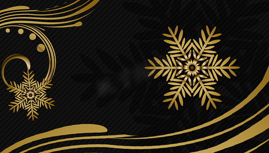 黑色圣诞背景，配有金色装饰品和雪花礼物