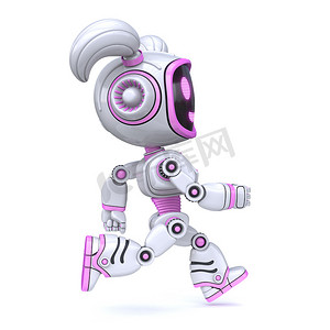 机器人跑摄影照片_可爱的粉红色女孩机器人运行 3D