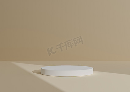 简单、最小的 3D 渲染组合，带有一个白色圆柱体讲台或站在抽象 ShadowPastel 橙色背景上，用于产品展示三角形光指向产品