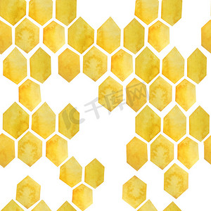 水彩无缝手绘图案与黄色蜂窝几何抽象设计。