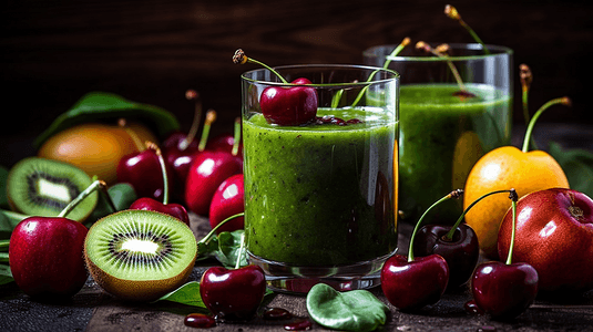 红色果汁摄影照片_五颜六色的水果和蔬菜鸡尾酒健康的饮食