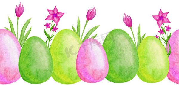 卡通手绘边框摄影照片_无缝水彩手绘水平边框与复活节彩蛋绿色粉红色郁金香雏菊花卡通设计。