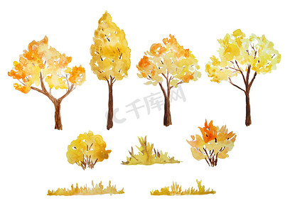 森林林地公园秋树灌木草的水彩手绘插图。