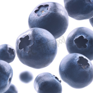 成熟的蓝莓悬浮在白色背景上
