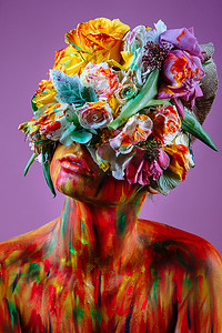 鲜花模特摄影照片_头上戴着鲜花头饰遮住眼睛的模特女孩