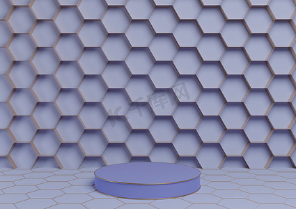 浅色、柔和的蓝色 3D 渲染产品展示台豪华金色蜂窝抽象背景，圆柱支架最小，简单的自然豪华蜂蜜产品模板
