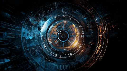 虚拟时钟时间序列的孔由时钟刻度盘与科学教育现代技术相关的抽象元素成的抽象
