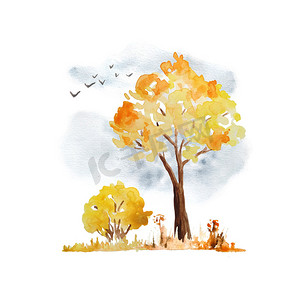 手绘飞鸟摄影照片_水彩手绘插图与橙黄色秋秋树、灌木、天空和飞鸟。