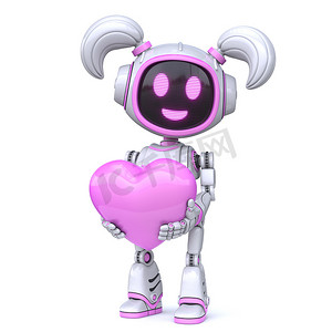 拿着红色心脏3D的逗人喜爱的桃红色女孩机器人