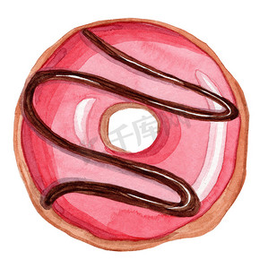 水彩手绘红色釉面甜甜圈，巧克力配料隔离在白色背景上