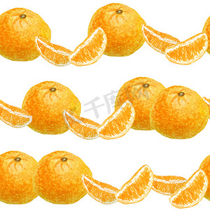 橙色简约摄影照片_水彩手绘无缝图案插图明亮的橙色橘子柑橘类水果片简约线条。