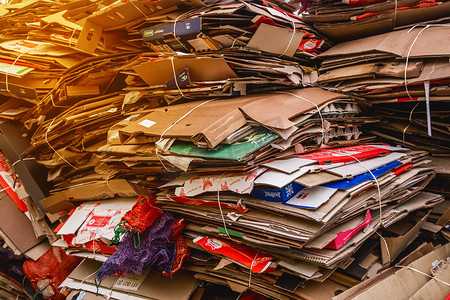 猪剪纸2019摄影照片_白俄罗斯，明斯克地区 — 2019年12月13日：废物包装纸箱、废物和回收纸垃圾
