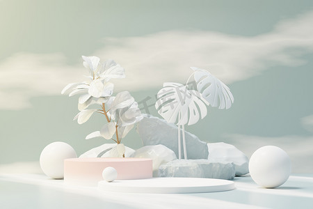 3D 渲染抽象基座讲台显示与热带树叶和蓝天云彩和植物场景。