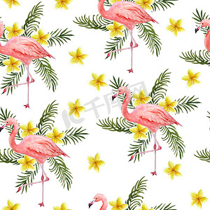 无缝手绘水彩图案与粉红色的火烈鸟，浪漫的爱情情侣，棕榈叶鸡蛋花鸡蛋花。