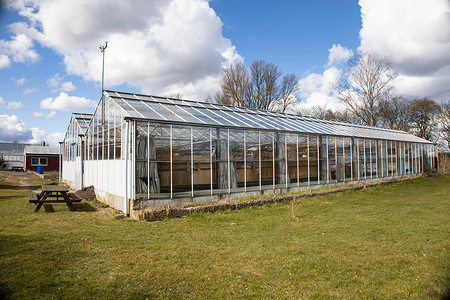 早春的玻璃温室在多云的天空下。