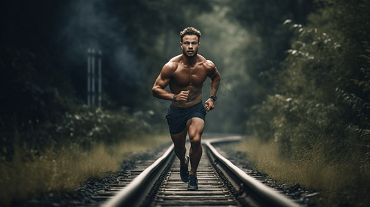 在森林里跑步的运动健体人肌肉发达有氧快速地